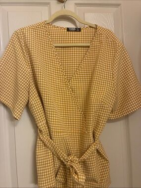 YOINS Mustard Gingham Wrap Blouse